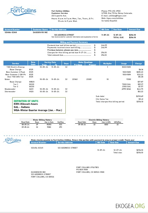 États Unis Colorado Fort Collins Utilities modèle de facture de services publics aux formats Word et PDF
